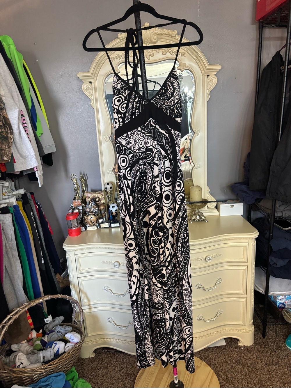 Bisou Bisou Black and White Patterned Maxi Dress - Strappy Sleeves